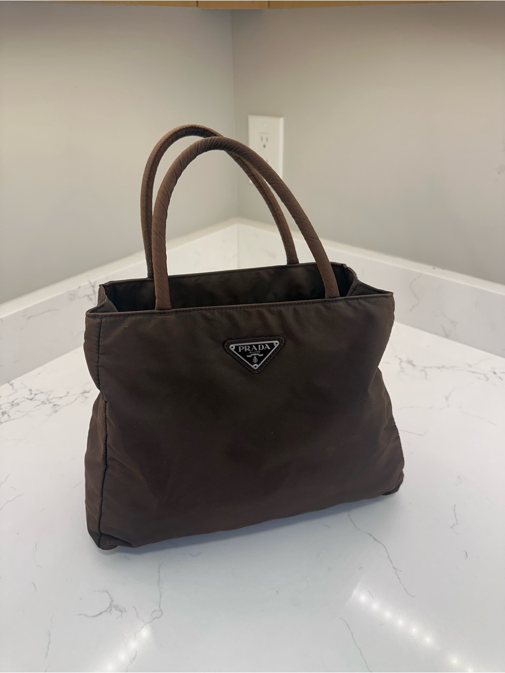 Prada Brown Nylon Top-Handle Tote with Logo Plaque